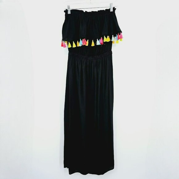 Bleu Rod Beattie Swim Dress Coverup S Black Colorful Tassels Strapless Tiered - Picture 9 of 10